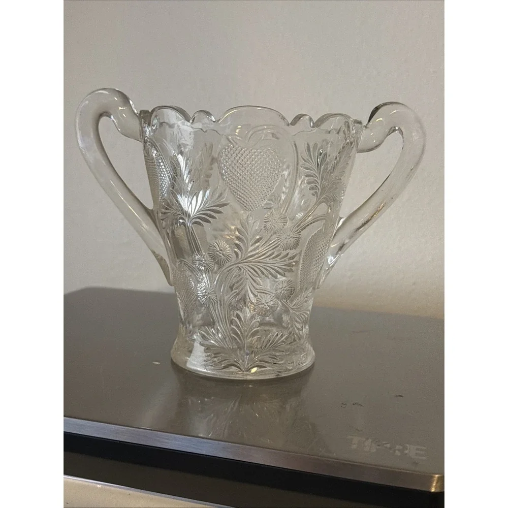Antique Cambridge Early American Pressed Glass Double Handle Strawberry Pattern